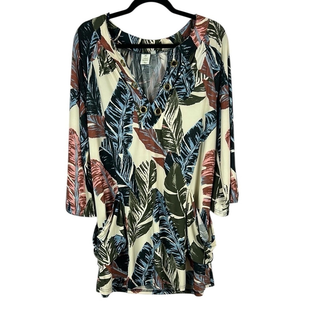 Saint Tropez West Tropical Boho Long Sleeve Pockets V Neckline Mini Dress Large